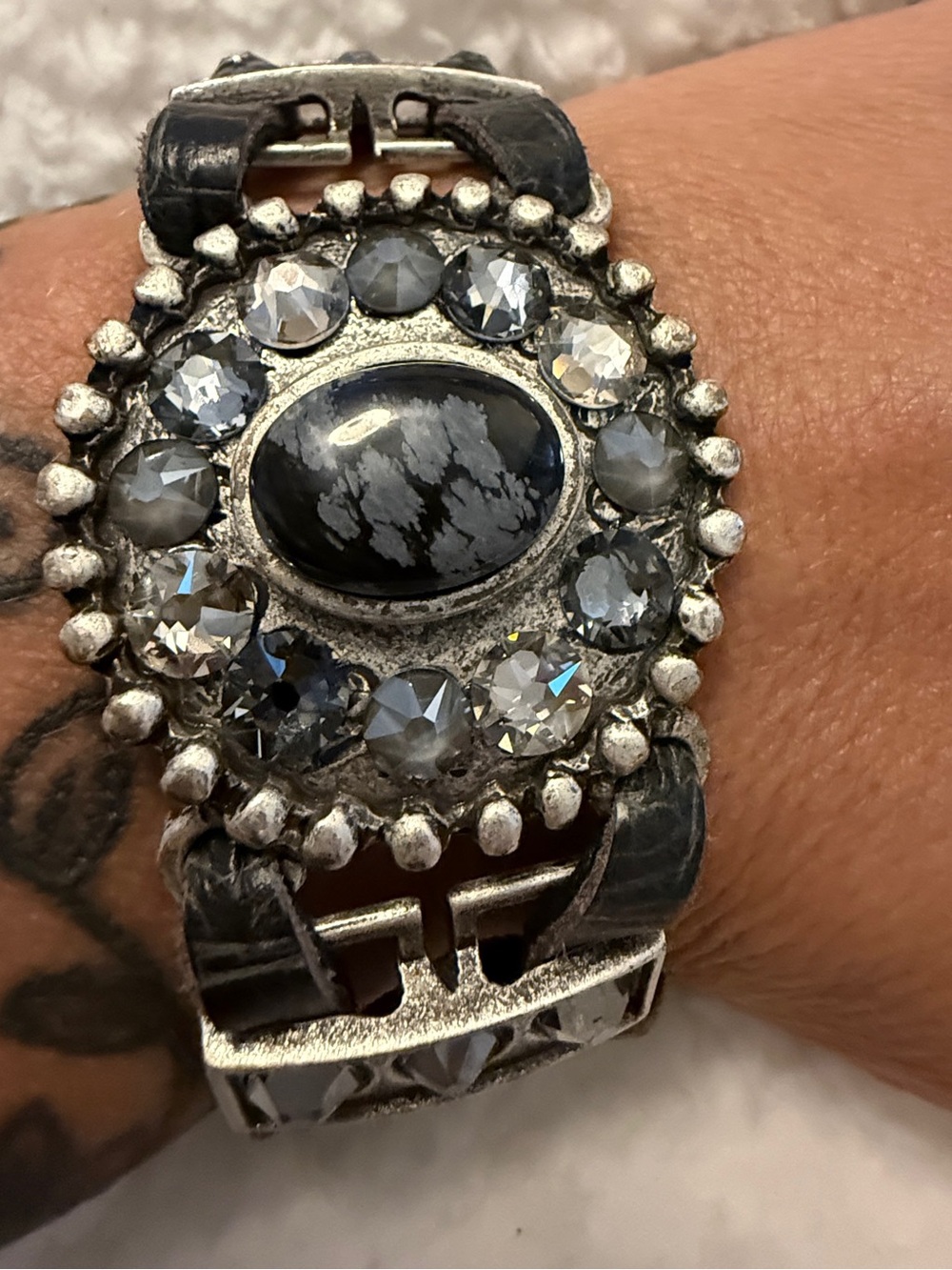 Leatherock Vintage-Inspired Snowflake Obsidian & Grey Crystal Statement Bracelet